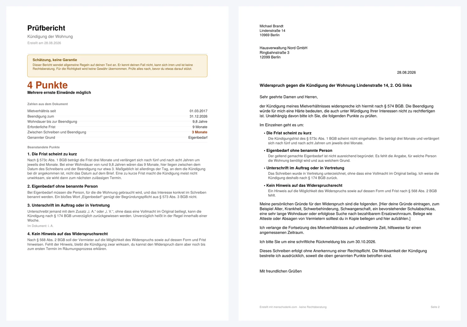 Prüfbericht und Widerspruch als PDF, zwei Seiten
