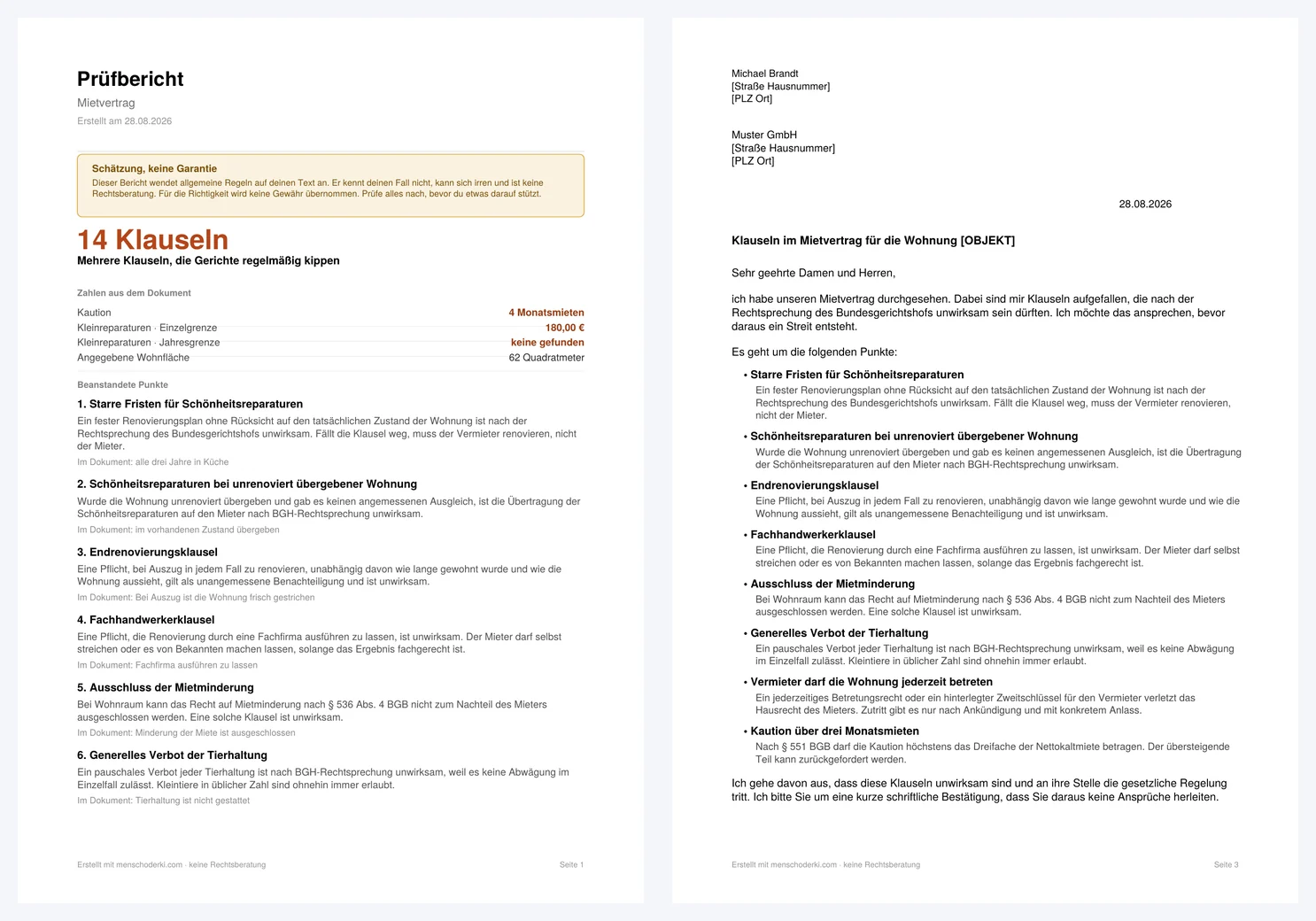 Prüfbericht und Schreiben an den Vermieter als PDF, zwei Seiten