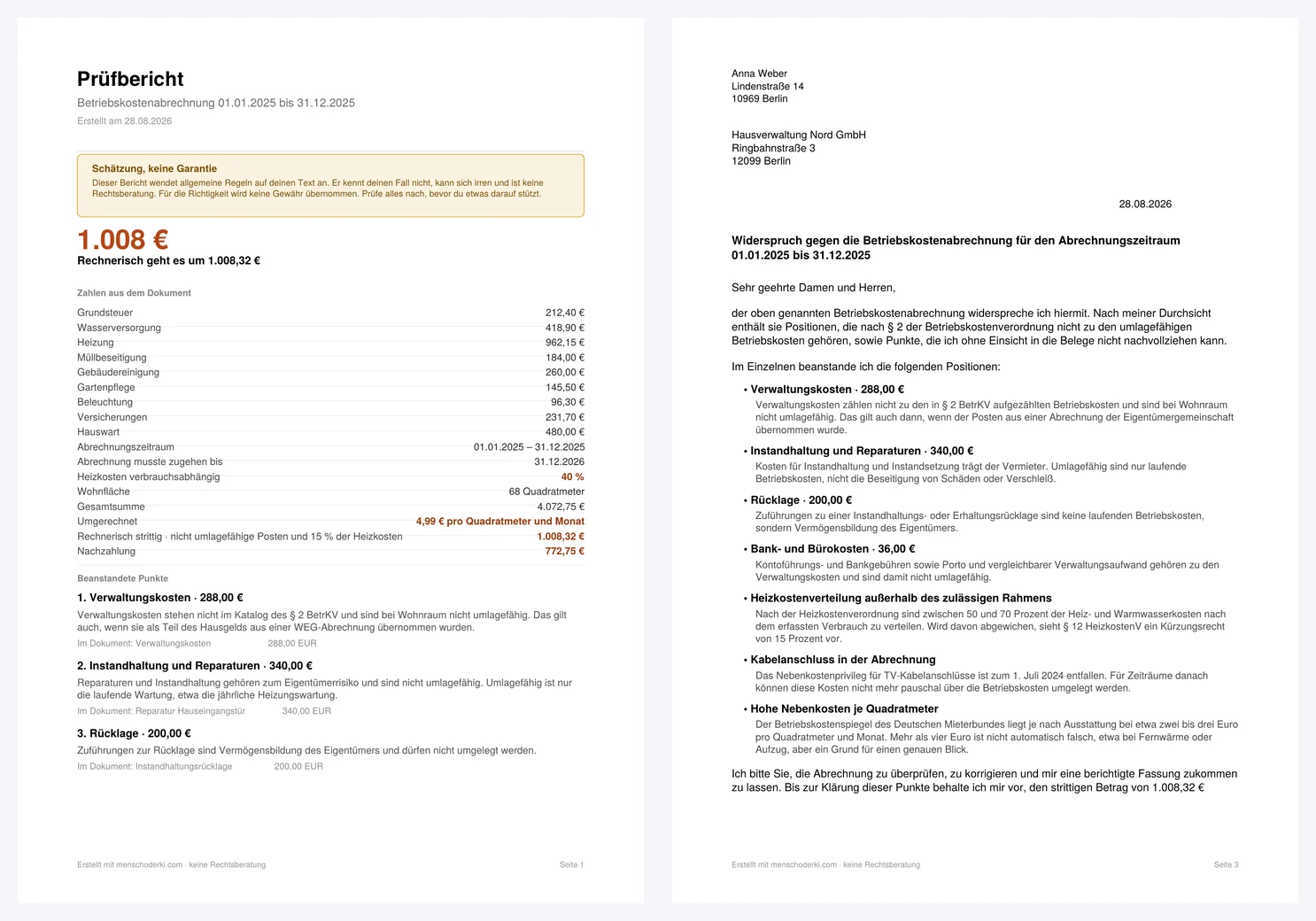 Prüfbericht und Widerspruchsschreiben als PDF, zwei Seiten