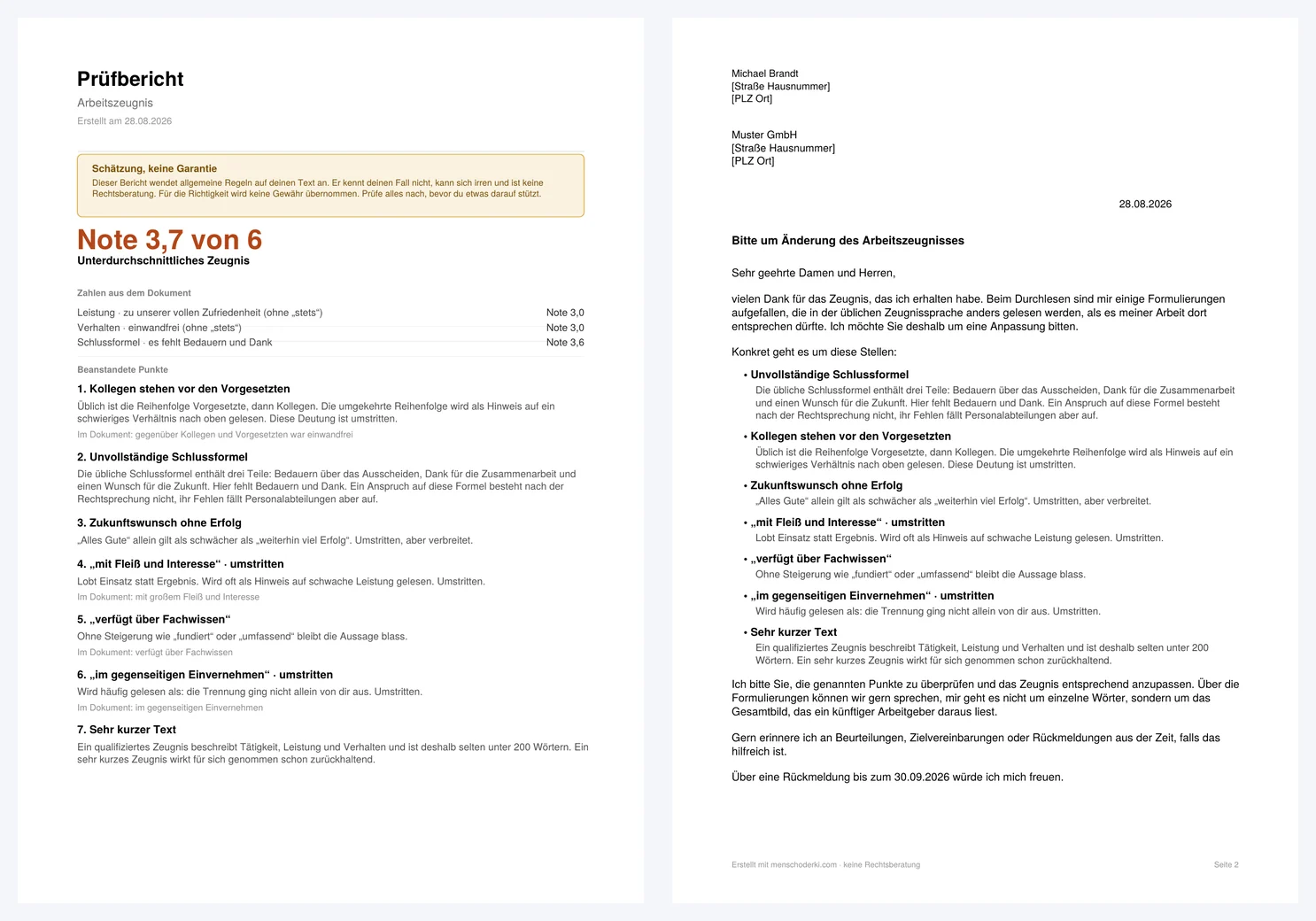Auswertung und Bitte um Änderung als PDF, zwei Seiten